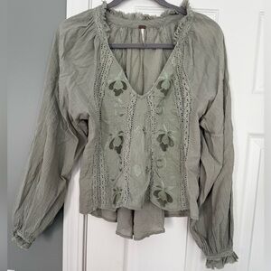 Free People Sivan Embroidered Blouse Top Moss Xs